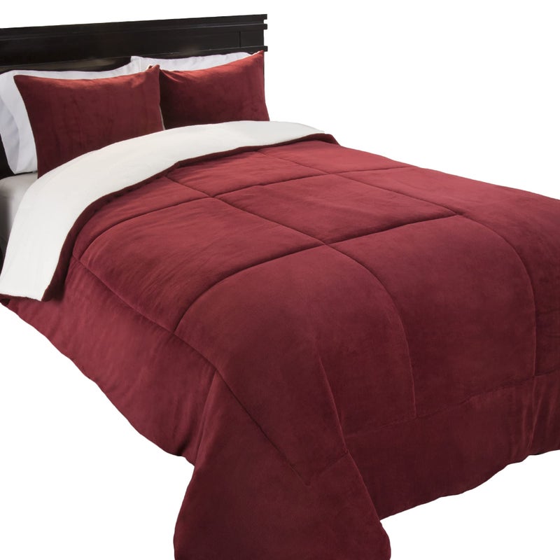 Lavish Home 3 Piece Sherpa/Fleece Comforter Set, King, Burgandy - Image 4